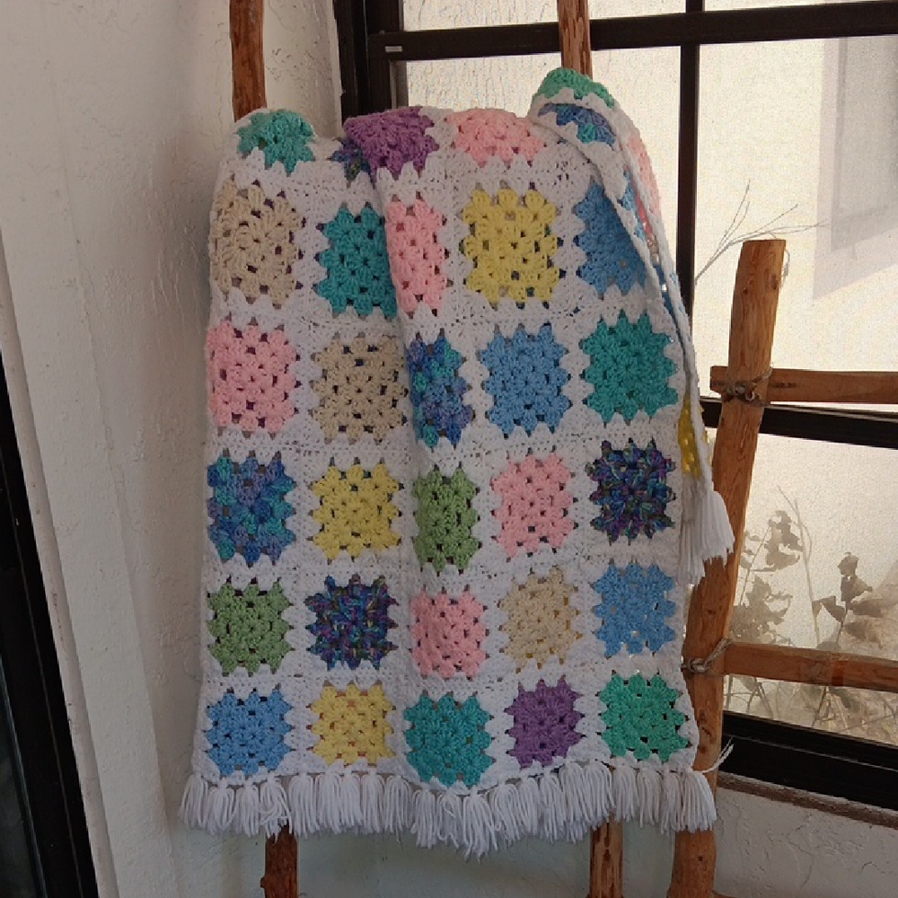 Granny Square Lap Blanket Vintage Handmade Crochet Vintage  Blue Pink 70's